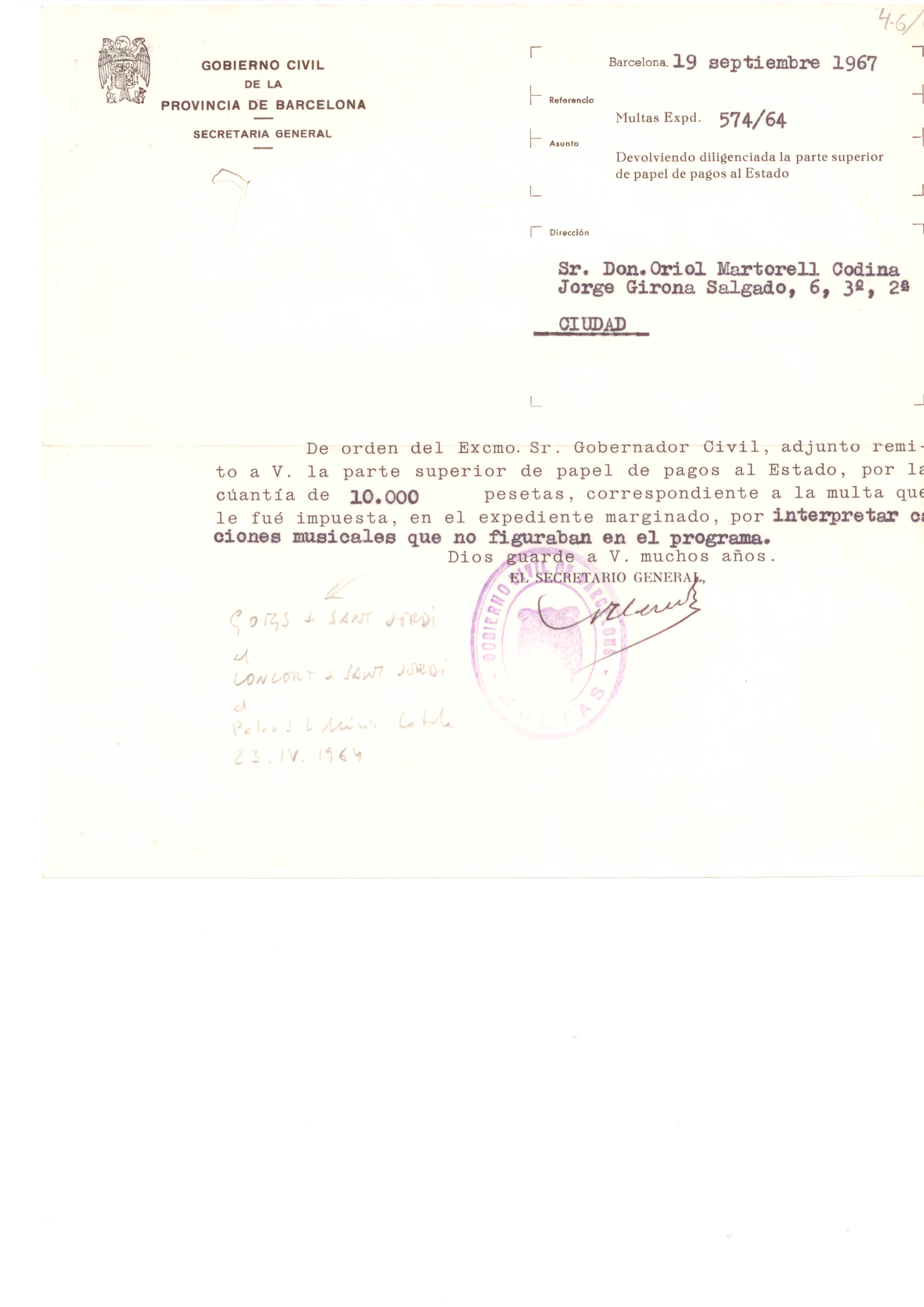 Multa del Gobierno Civil de la Província per haver cantat el 23 d’abril de 1964 la peça els «Goigs de Sant Jordi»