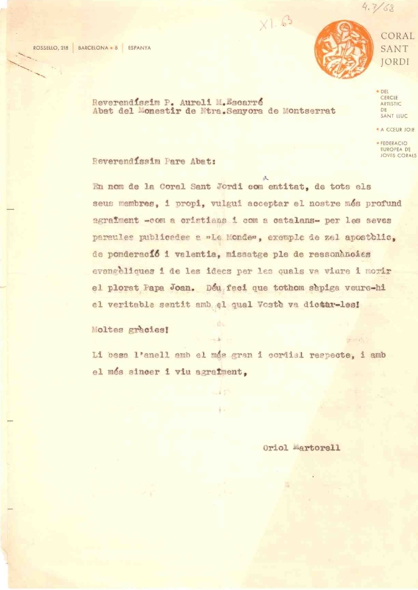 Correspondència entre Oriol Martorell i l’abat Escarré