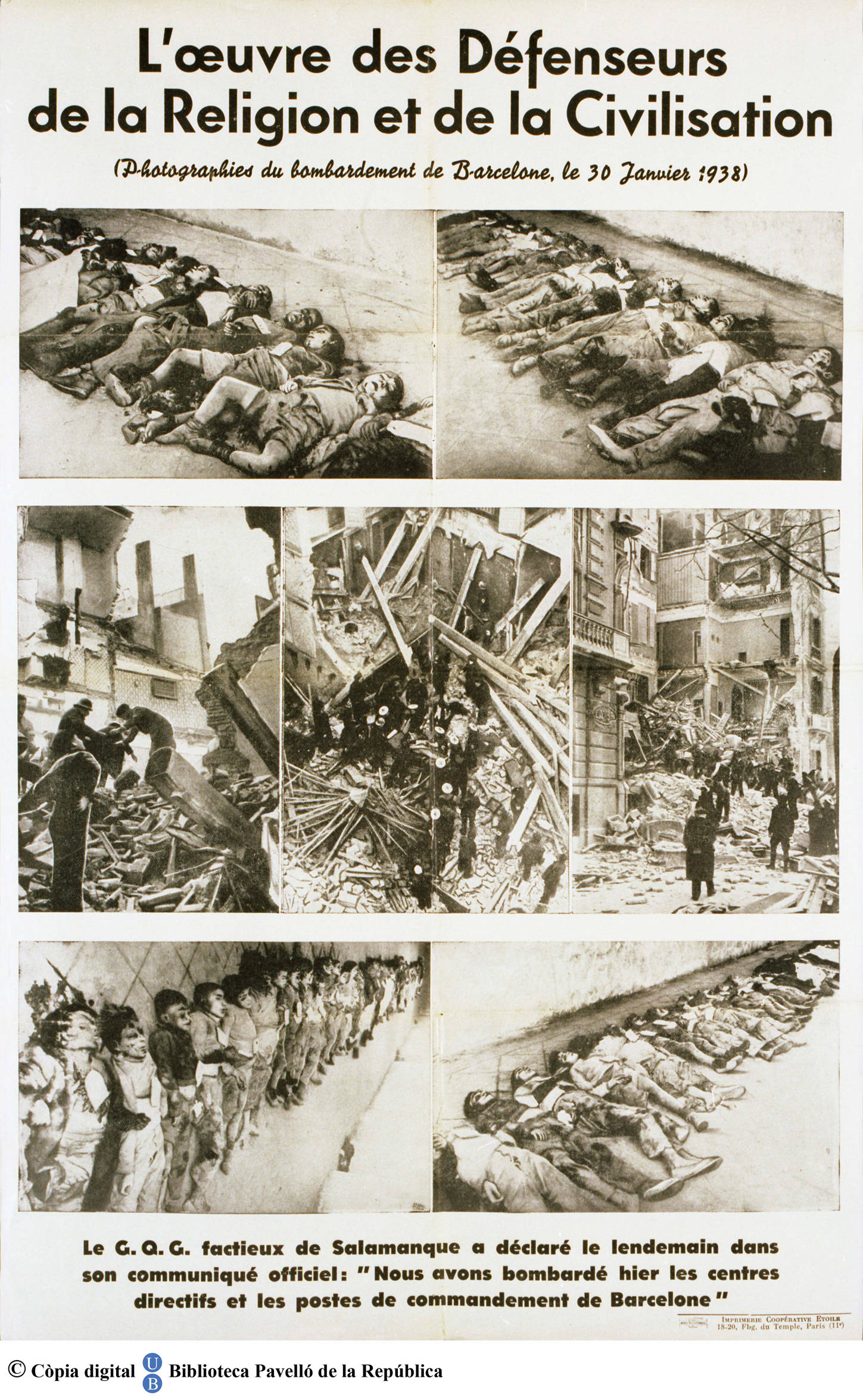L’Oeuvre des défenseurs de la religion et de la civilization  : photographies de bombardement de Barcelone, le 30 janvier 1938 : le G.Q.G. factieux de Salamanque a déclaré…[etc]